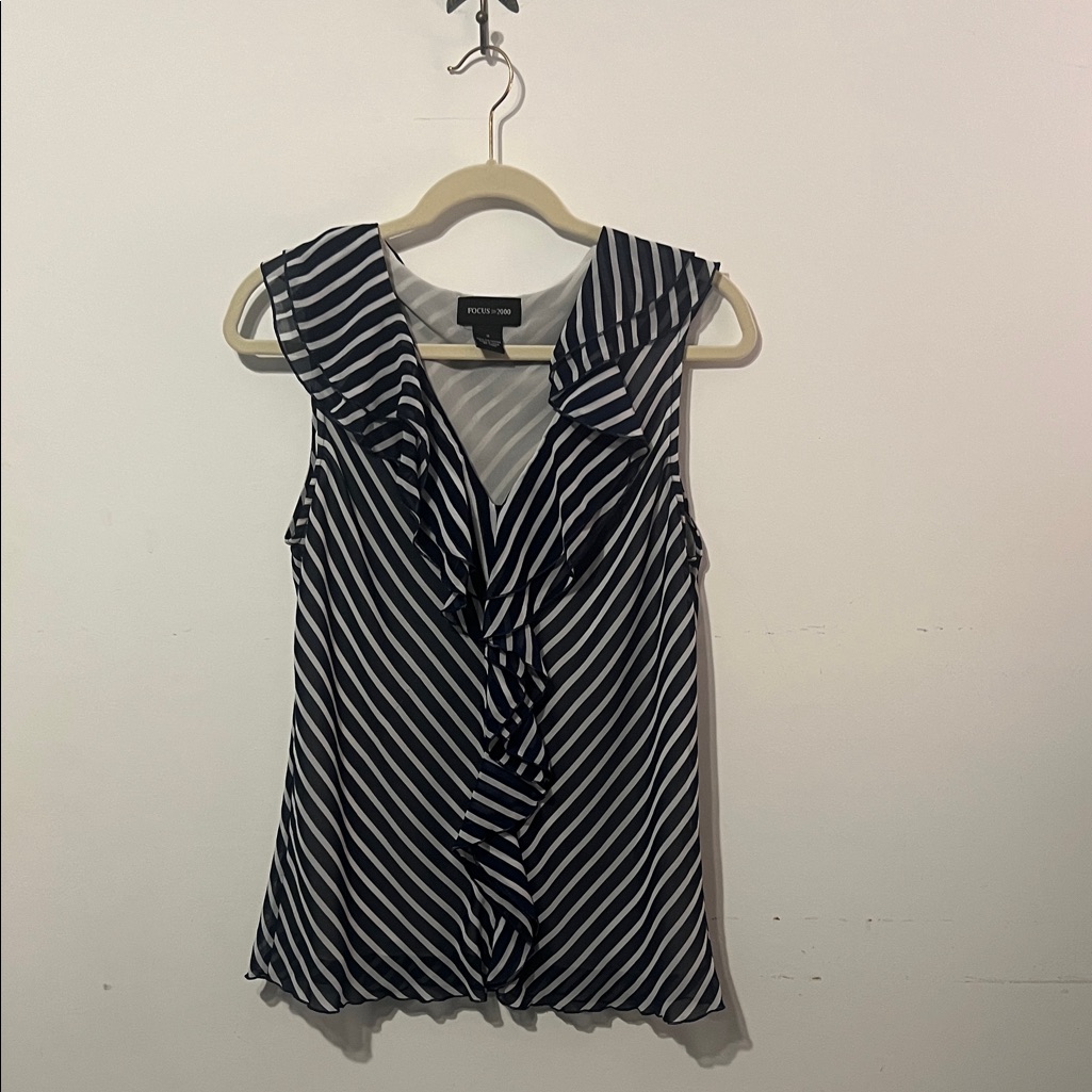 Focus 2000 Vintage Y2k Striped Ruffle Blouse Sleeveless V-Neck Top Size 12